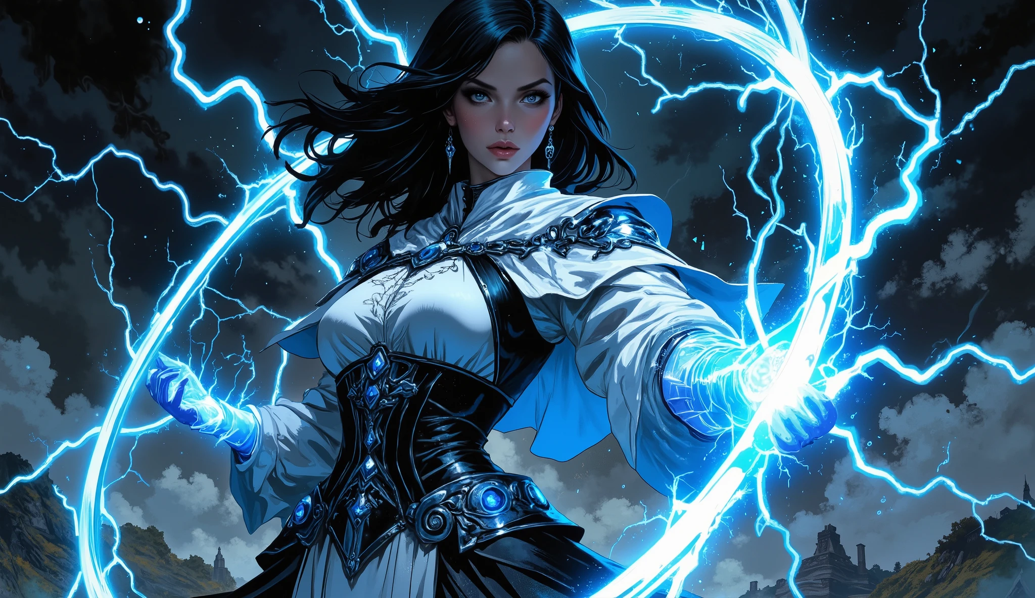 Digital art, digital illustration, (masterpiece), (Super detailed), UHD, 32k.
Featuring a powerfull sorceress mastering the power of lightning. Very dynamic pose, fighting pose, (very dynamic image:1.5), shot in slow motion, epic shot.
Aura made of lightning arcs.
Intricate mage outfit (white black and blue), adorned details, skirt, cape, leather corset, long dark hair in the wind, glowing blue eyes, lightning gaze, perfect anatomy, perfect hands.
Dark background.
Blue lights from the arc lightnings and rays of lightnings highlights her features and the intricate details of her outfit. Dramatic shadows, hight contrast light and shadows.
Showcase the power of the sorceress, mastering lightning.
Very saturated colors, ethereal fantasy concept art, Fantasy art, Dungeons & Dragons, anime art. Vignette, highly detailed, epic, gorgeous, magnificent, celestial, ethereal, majestic, magical, cover art.