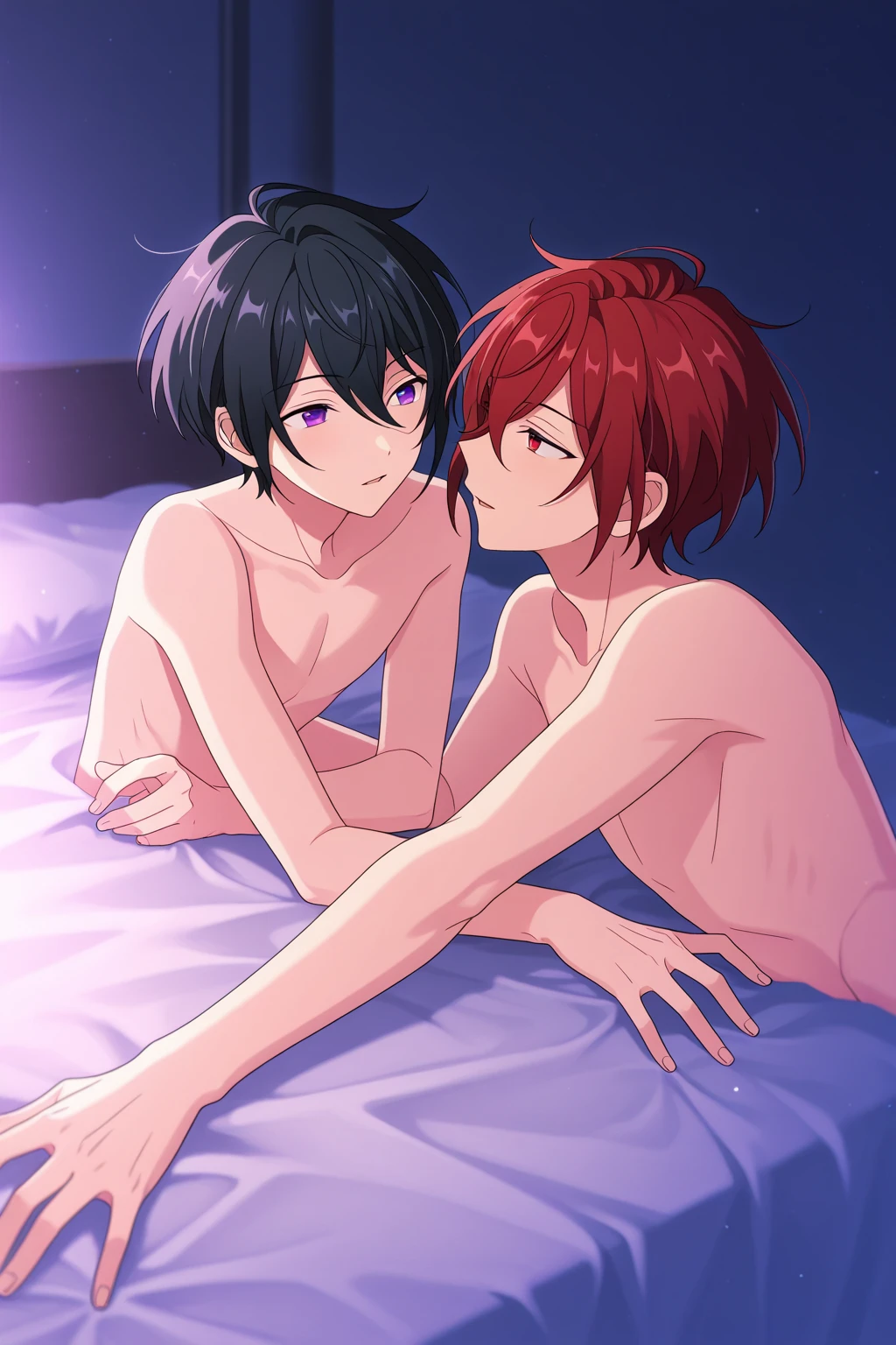 (cute male, 2 cat ears, smiling, orange hair, shirtless, orange jockstrap, cute boy, small body, no shirt, collar), (purple haired cute male, shirtless, 2 wolf ears, bulge, purple jockstrap, small body, cute boy, collar), 2 men, laying on bed, hugging, japanese house, hugging, cuddling, 2males, male only, kissing, males kissing, touching eachother, full body view, no women, no girl, love, blushing