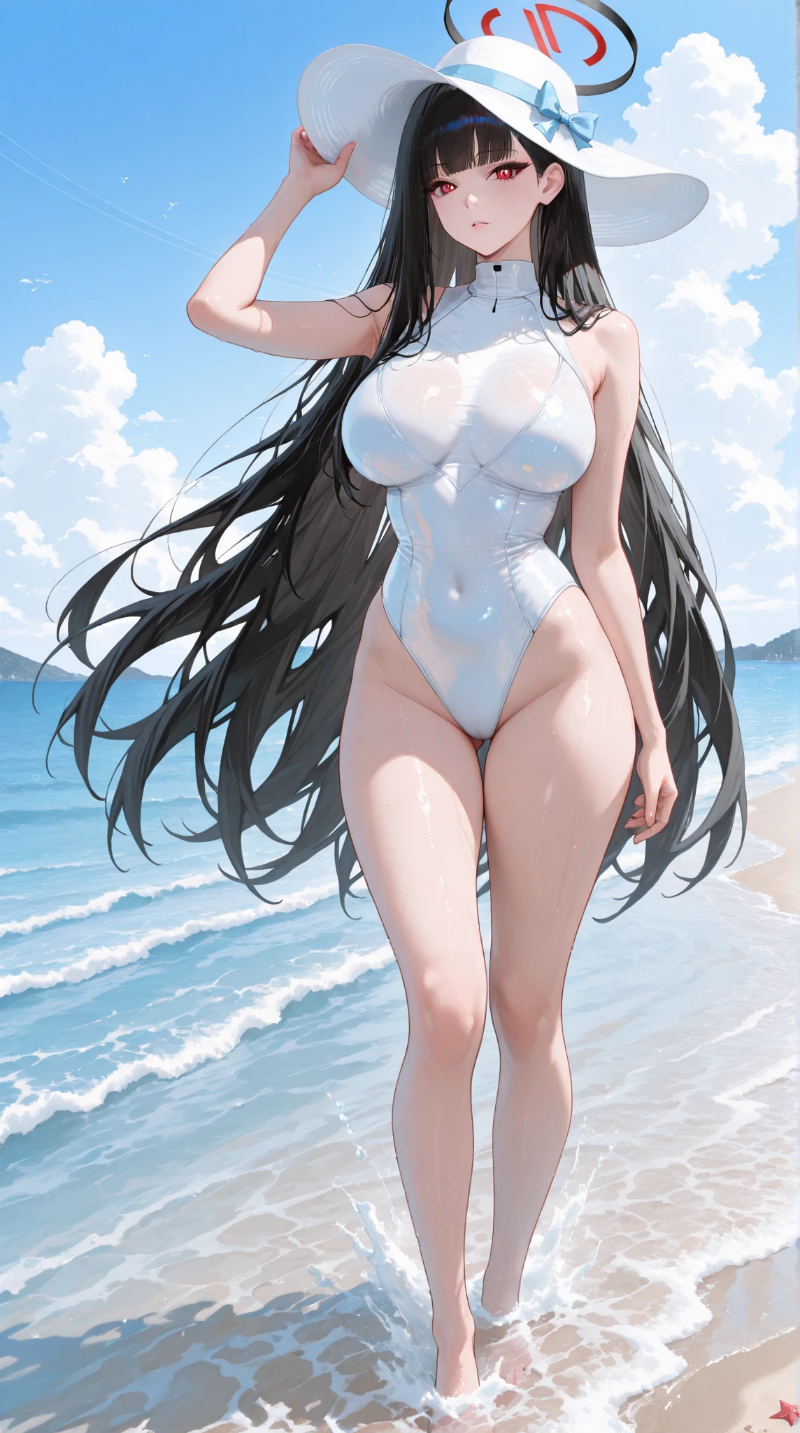 8k, masterpiece, RAW Photos, highest quality, Realistic, Very detailed, Depth of written boundary, Cinematic Light, Anatomically correct body,
One beautiful 40 year old woman, Very beautiful face, Exquisitely detailed face, (A calm and gentle face:1.4), Very delicate skin texture, Transparent muscle, Shiny white skin, Glamorous Body,
(Wavy black long hair:1.2), (Sexy Breasts:1.1), (Sexy ass:1.1),
(White high leg swimsuit:1.2), (Detailed cloth texture:1.2), (Gorgeous necklace:1.1), (Gorgeous earrings:1.1),
(Dark starry background:1.4), (Milky Way:1.1), (milky way:1.1), (shooting star:1.1), (Dark coastline at night:1.4), (Pitch black sea surface:1.4),
(Standing on the beach:1.2),
(Cowboy Shot:1.2),