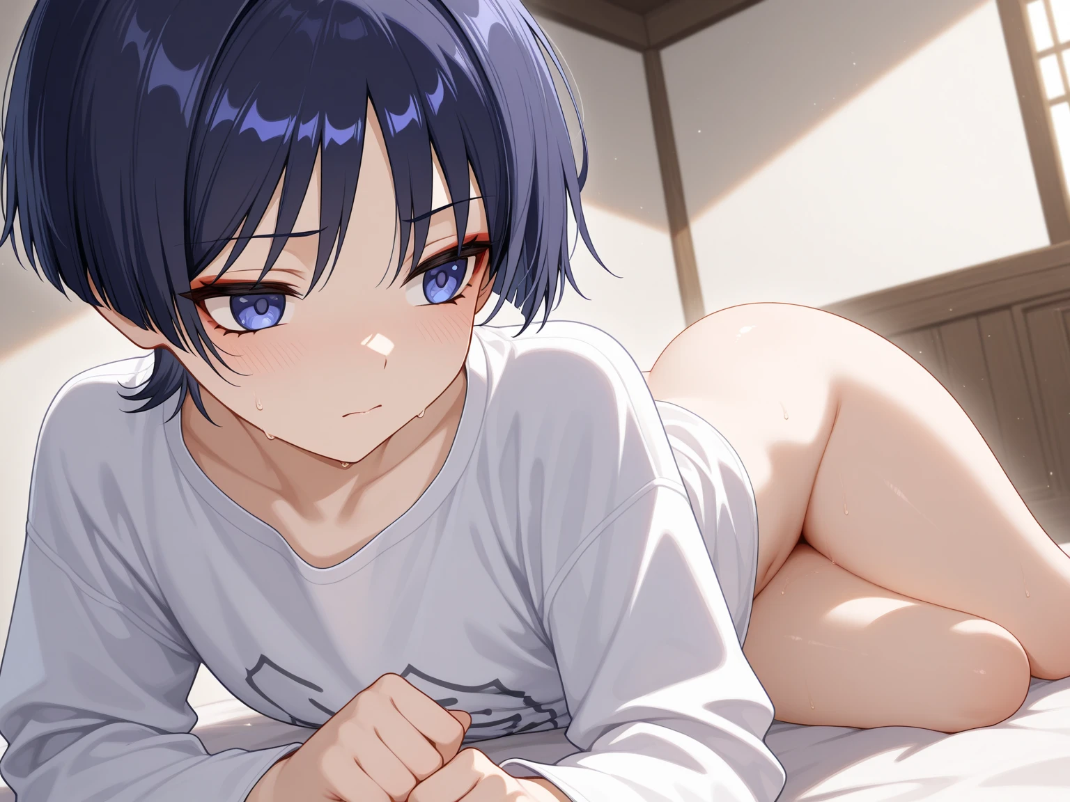 One girl,alone,kiritani haruka,Blue Hair,Blue Eyes,project sekai,Short Hair,cute,cute,naked,nsfw,Bed,Sleeping with your eyes closed,Sex,Sex,Insert