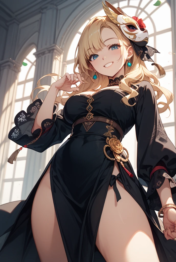 best quality, (masterpiece:1.2), illustration, absurdres,
(1girl, solo), (beautiful detailed girl), (cute:0.4),
Wang Yuanji, blonde hair, ponytail, brown eyes, large breasts,
aqua dress, ornate dress, cleavage, aqua skirt, black thigh boots, thighhigh boots, high heels,
blush, looking at viewer,
(chinese architecture background),
sitting, cowboy shot, full body,