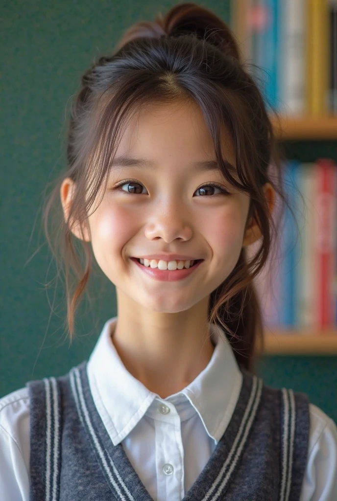 best quality, face focus, soft light, ultra high res, (photorealistic:1.4), RAW photo, 1japanese girl, solo, cute, (shy smile:0.5), (brown eyes, lights in the eyes), detailed beautiful lity, face focus, soft light, ultra high res, (photorealistic:1.4), RAW photo, 1japanese girl, solo, cute, (shy smile:0.5), (brown eyes, lights in the eyes), detailed beautiful face, (small chest),(high resolution detail of human skin texture), (short bob hair), BREAK, in classroom,navy school uniform, vest, skirt
