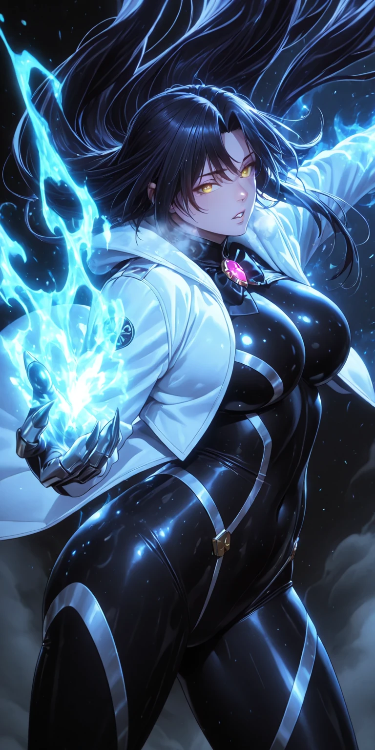 Manhwa, ssp, (zonda_(solid_air)-style:1.2), (muneshiro_(hitsuji_kikaku)-style:1.4), (anime coloring, anime screencap), shiny skin, ((anatomical correct)), ((Cinematic, unreal engine, eye-catching, ambient occlusion, UHD, masterpiece)), ((perfect lighting, soft shadow)), perfect body, perfect eyes, perfect fingers, gasping, heavy breathing, gasping profusely, ((skindentation)), ((curvy)), dominique de sade, long hair, black hair, curtained hair, yellow eyes, parted bangs, plump, hearts, pleasured, 1girl, solo, bodysuit, jacket, breasts, looking_at_viewer, covered_navel, black_bodysuit, parted_lips, white_jacket, open_clothes, open_jacket, skin_tight, claws,  floating_hair, glowing, fire, Fiery, ice, (steaming body:1.5), ((aura))