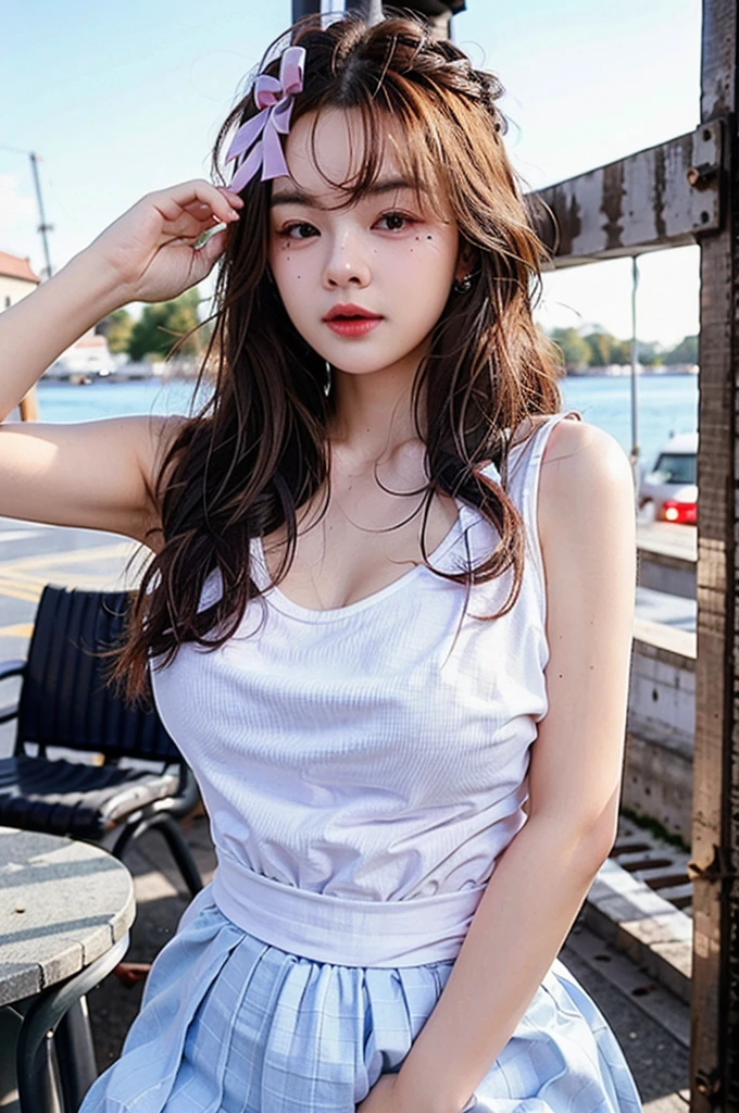 (lifelike, high resolution:1.3), 1 girl with a perfect figure, The face shape and eyes are super beautiful,Long hair, Random color vest:1.2, Short jeans, Big ,Showing cleavage,by the road