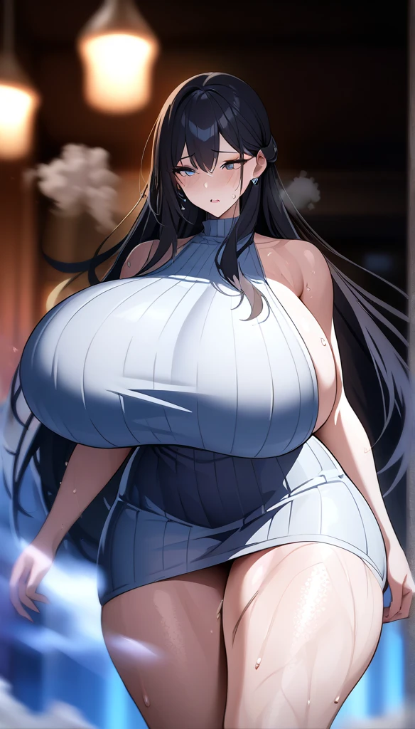 {creation、Highest quality、Clear image}Black Hair、Long Hair、Blue Eyes、Big breasted beauty、A beautiful appearance、Embarrassed face、Wet Hair、Open-air bath、A half-detached towel1Sheet、