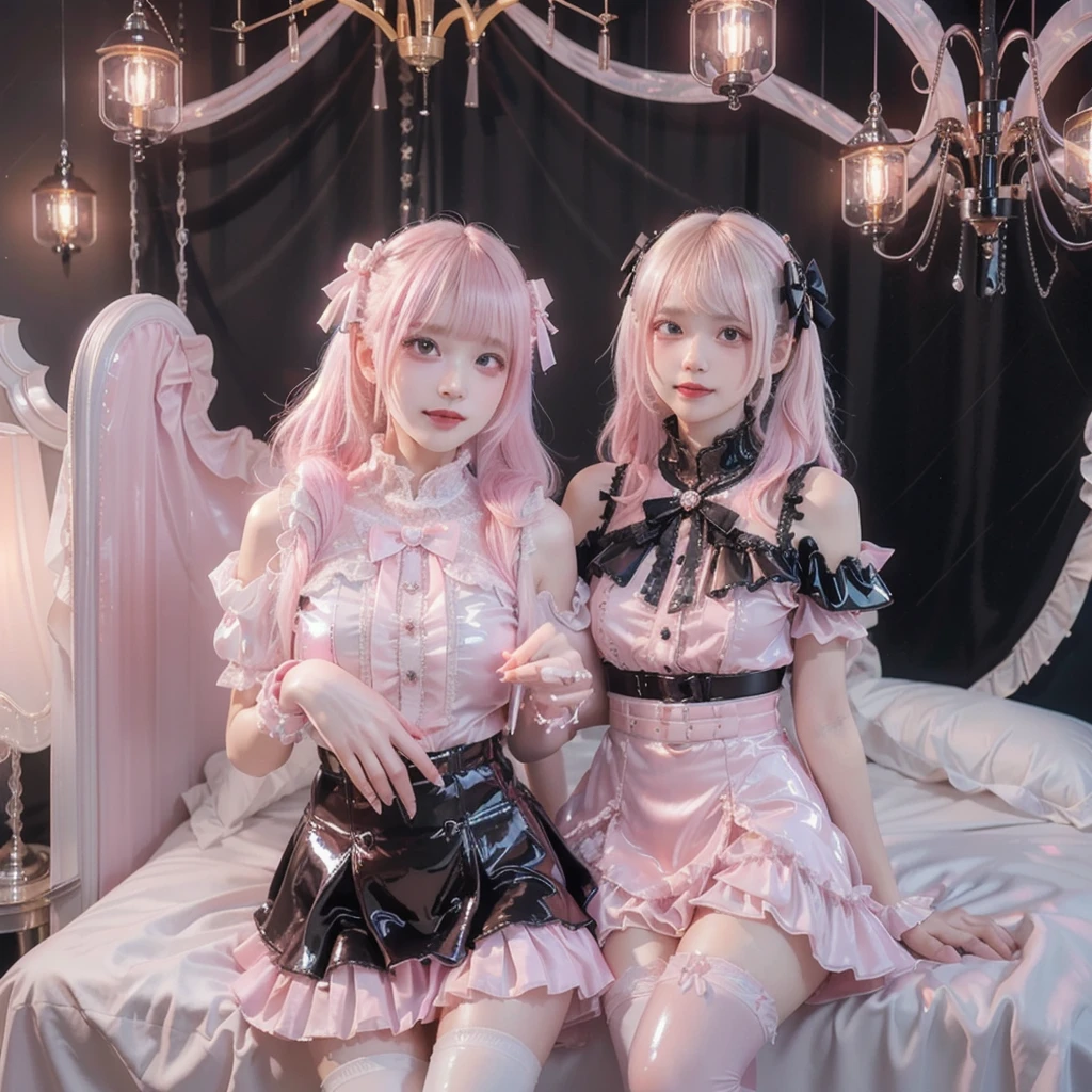 8K resolution, surreal, Super detailed, high quality, perfect anatomy, jammed, (4 girls)++, group shot, grin, smiling, Phenomenally cute, perfect proportion, full body, (((shiny pink satin, shiny pink latex, high neck, jirai fashion, short dress with many frills, pink Lace, micro mini skirt, bow ribbon)))+, (((bleached hair)))+, ((super large breasts)), sitting on bed, (At the bedroom with Chandelier at late night), ((see-through black thighhighs))+, looking at viewer, wet skin, sweat