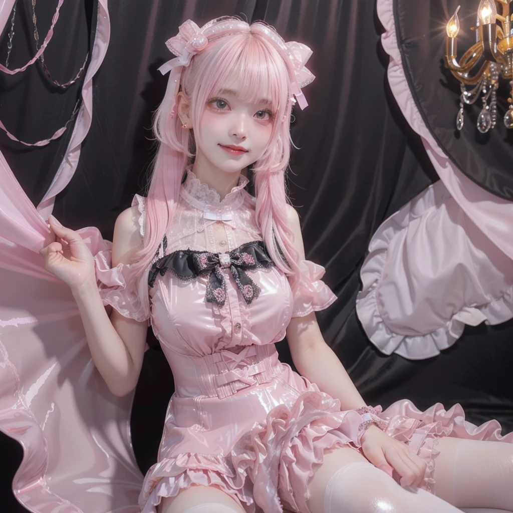 8K resolution, surreal, Super detailed, high quality, perfect anatomy, jammed, (7 girls)++, group shot, grin, smiling, Phenomenally cute, perfect proportion, full body, (((shiny pink satin, shiny pink latex, high neck, jirai fashion, short dress with many frills, pink Lace, micro mini skirt, bow ribbon)))+, (((bleached hair)))+, ((extra large breasts)), sitting on bed, laying on bed, ((At the bedroom with Chandelier at late night:1.2)), ((see-through black thighhighs))+, looking at viewer, incoming, open hands
