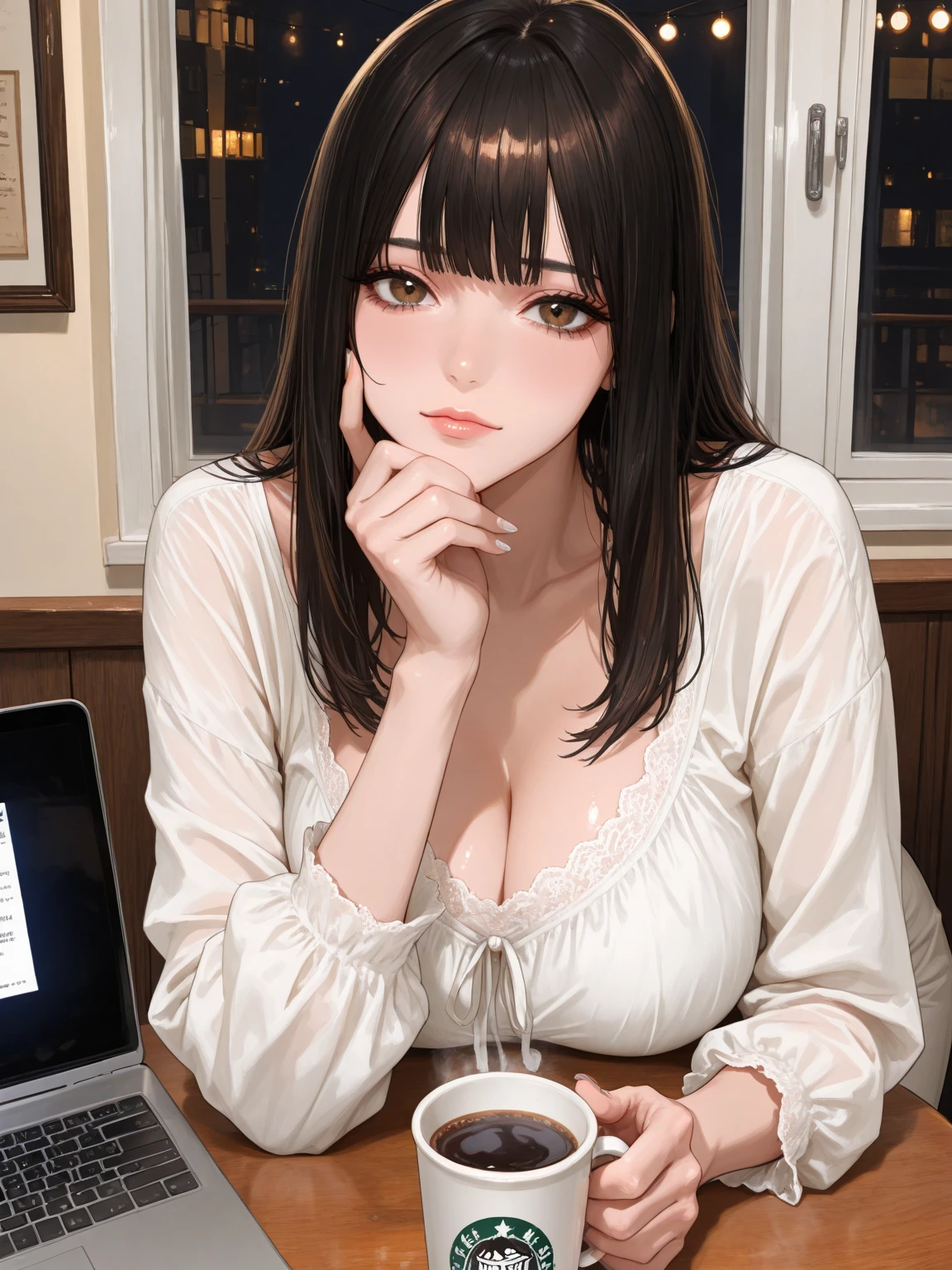 (masterpiece:1.3, Top quality, Ultra-high resolution, Extremely detailed), (Practical, photoPractical:1.4), Nice illustration, Perfect lighting, Natural Lighting, rich and colorful, Depth of Field, ,
Large Breasts:0.8, Attractive thighs), 
masterpiece,best quality,1girl,独奏,black hair,long hair,blue eyes,sad,shouting,tears,(drunk,blush),sitting,drinking,((Mature sexy body))，Black stockings,holding mug,counter,pub,
