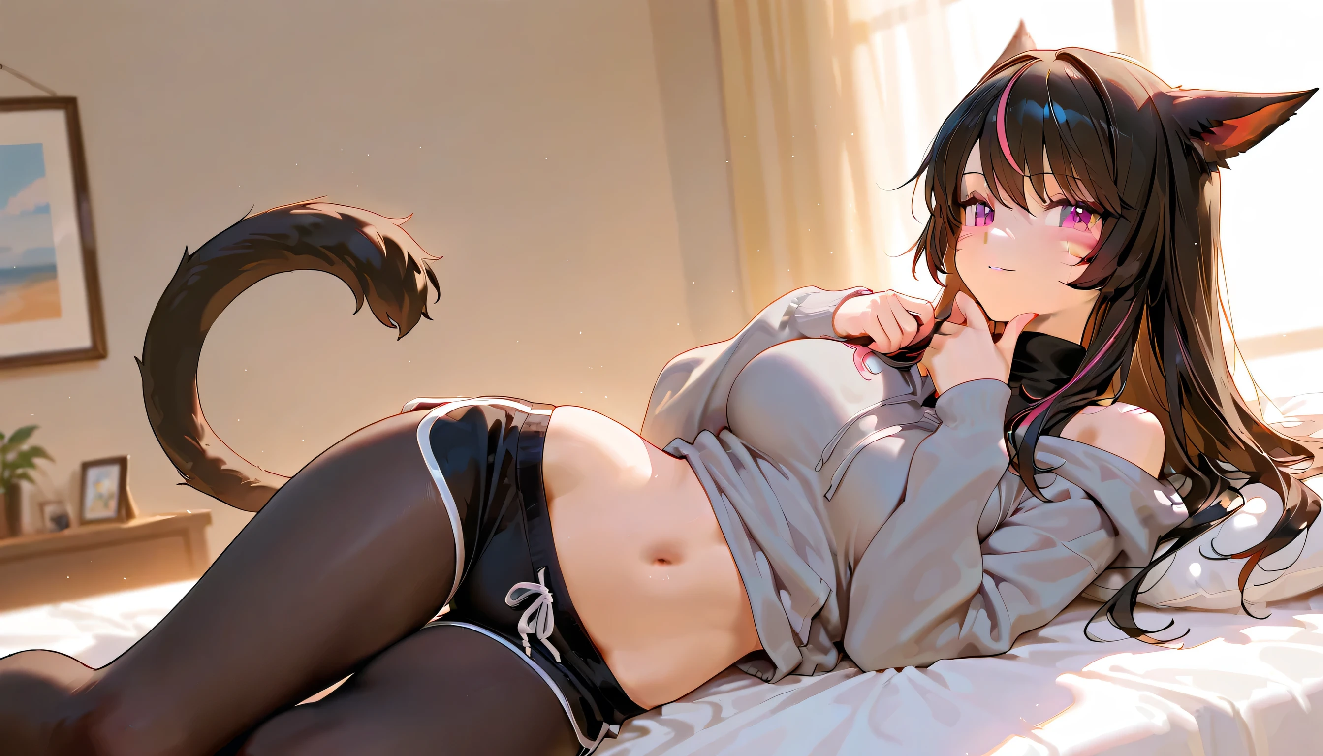 cat ears, ((1boy)), blue eyes, black hair, big short fluffy messy hair, cat tail, vibrant, HD, black shirt, black booty shorts, accurate hands, black thigh socks, smug, toned abs, no shoes, accurate legs, blush, drunk, half open eyes, (masterpiece), (HD), massive buttocks, ((NO BOOBS BECAUSE IT'S A BOY)), massive thighs, bulge, ((SFW))