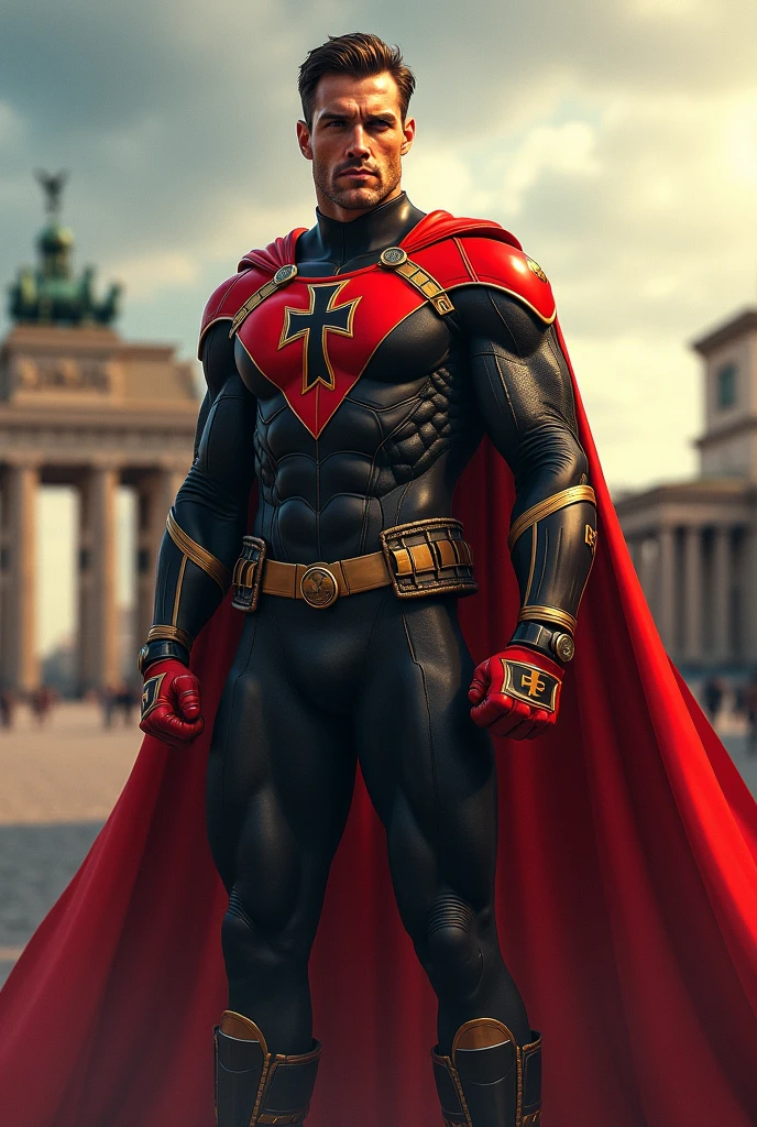 A superhero in a red and black Nazi-style costume with short, sleek, masculine white hair. A metal eagle logo on the chest and a Nazi logo on the belt. 
