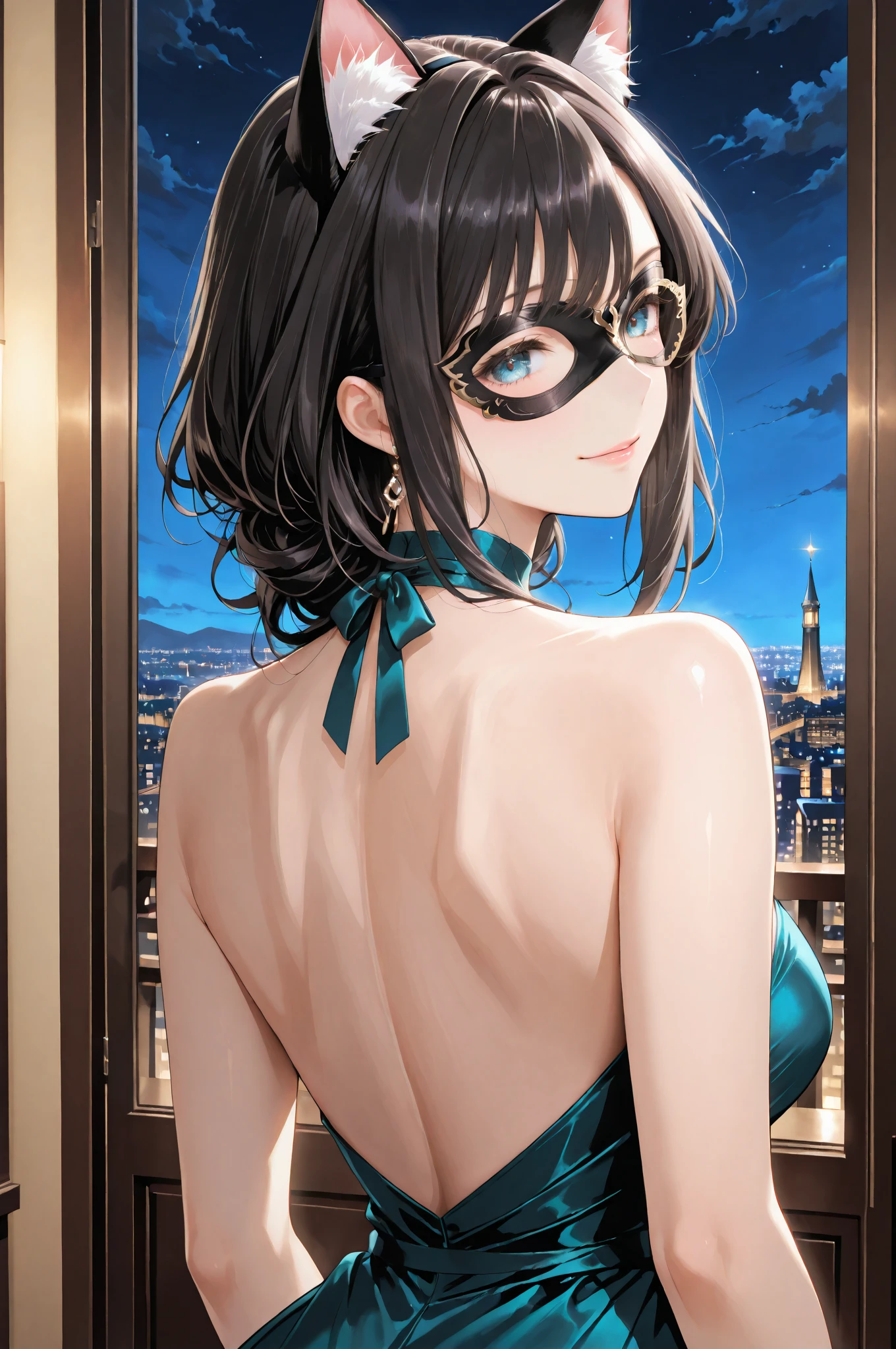 A girl stands on the rooftop of a high-rise building overlooking the late-night Tokyo nightscape.、She has a short bob with a white lob of hair and wears a large black witch hat with sapphire jewelry.、A high school student wearing a navy blue swimsuit、She wears a large witch's hat with a small sapphire accessory、A few star creams、Beautiful starry sky、Beautiful night view、large witch's hat 、Small breasts、Small breasts、She is wearing a long black coat with the front open.、Illuminated roof terrace、