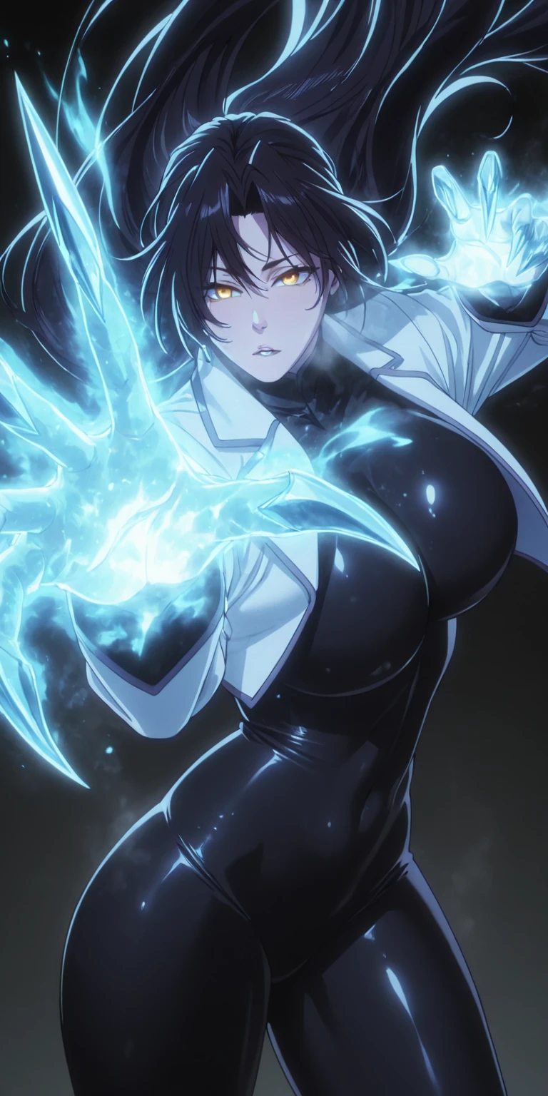 Manhwa, ssp, (zonda_(solid_air)-style:1.2), (muneshiro_(hitsuji_kikaku)-style:1.4), (anime coloring, anime screencap), shiny skin, ((anatomical correct)), ((Cinematic, unreal engine, eye-catching, ambient occlusion, UHD, masterpiece)), ((perfect lighting, soft shadow)), perfect body, perfect eyes, perfect fingers, gasping, heavy breathing, gasping profusely, ((skindentation)), ((curvy)), dominique de sade, long hair, black hair, curtained hair, yellow eyes, parted bangs, plump, hearts, pleasured, 1girl, solo, bodysuit, jacket, breasts, looking_at_viewer, covered_navel, black_bodysuit, parted_lips, white_jacket, open_clothes, open_jacket, skin_tight, claws,  floating_hair, glowing, fire, Fiery, ice, (steaming body:1.5), ((aura))