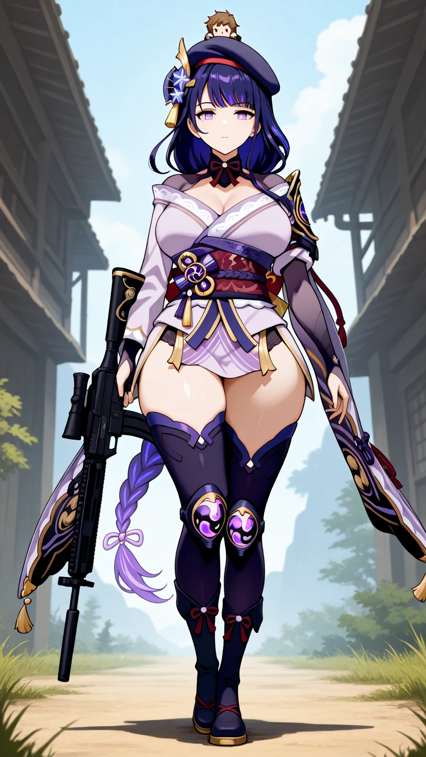 masterpiece, highest quality, scarlet, Grey long hair, Very large breasts(850)、Bunny girl、Shiny lace stockings、Thong、garter belt、purple lace thong、Hat on head、Embarrassed expression、Wet body、Back view、Embarrassed expression、Crouching down and holding a assault rifle