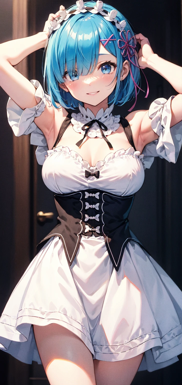 absurderes,Best Quality,Insanely detailed,1 cute lovely girl,Cute smile,Peace,short drill twin tails,aqua hair,Pink eyes,(Round glasses:1.2),(Maid costume:1.2),maid hair band ,Ruffled short skirt ,striped over knee high,maid apronl,cleavage,(sagging boobs:1.2),(From below:1.2),sparkly eyes,Beautiful and detailed eyes,glowing pale skin,Cute Pose,Professional Lighting,Cinematic Angel,great theme,Hyper realistic, Perfect Anatomy, Perfect five fingers
