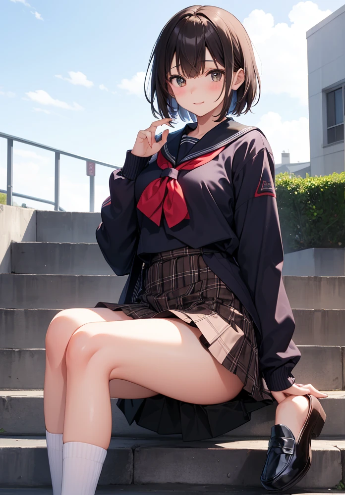 One Girl、Positive、From above、Full body portrait、Brown haired、Medium Haircut、blush、Absolute area、Knee socks、stockings、Black knee-high socks、White underwear、Cleavage、Light blue cut shirt、Unbutton your shirt、Shirt buttons fly off、Navy blue checkered pleated skirt、Very short skirt、garden、Daytime、(Very big boobs)、((Full Body Lesbian))、masterpiece、(highest quality)、Panties around the ankles、loafers、The wind blows up my skirt、vibrator in thighhighs、A man in a suit is lying on his back on the ground、Straddling a man's face