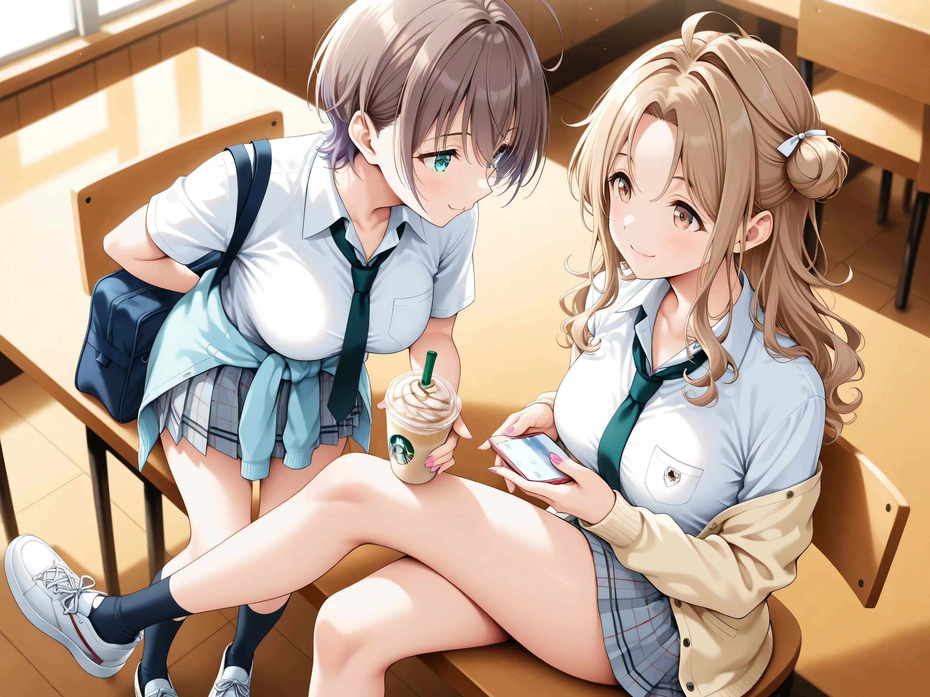 Highest quality, Ultra-high resolution, (Realistic: )2D official style cel animation,((2Girls sitting in a row))Primary school students、brown、ponytail、White Big Ribbon、Blue green check mini skirt,Summer Shirts,Unbutton、(Lace panties),loose socks,sneakers,Full body portrait,(From below),Station stairs,sunny,Spread your legs、from the front、blush、