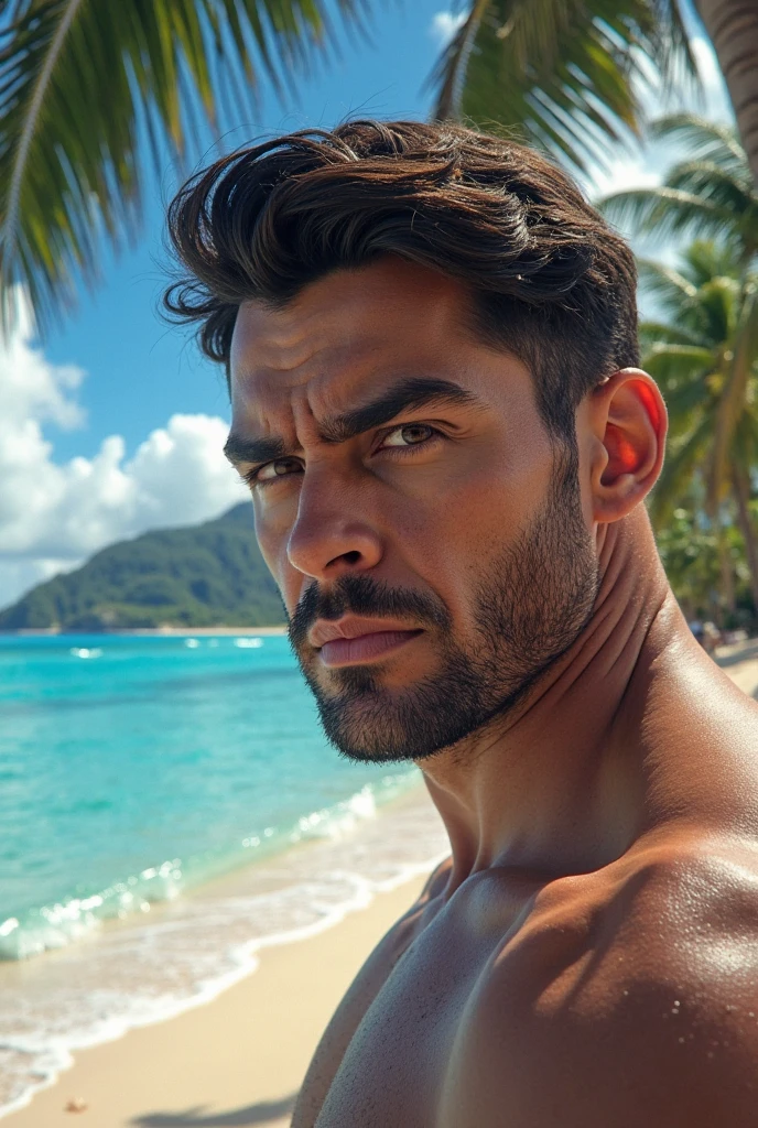a handsome tanned man, black hair, short beard, wearing rayban sunglasses, smiling,  brazilian, slender, , wearing towell, surrounded by beautiful women, photorealistic, 8k, highly detailed, cinematic lighting, vivid colors, professional photography, editorial fashion style, 