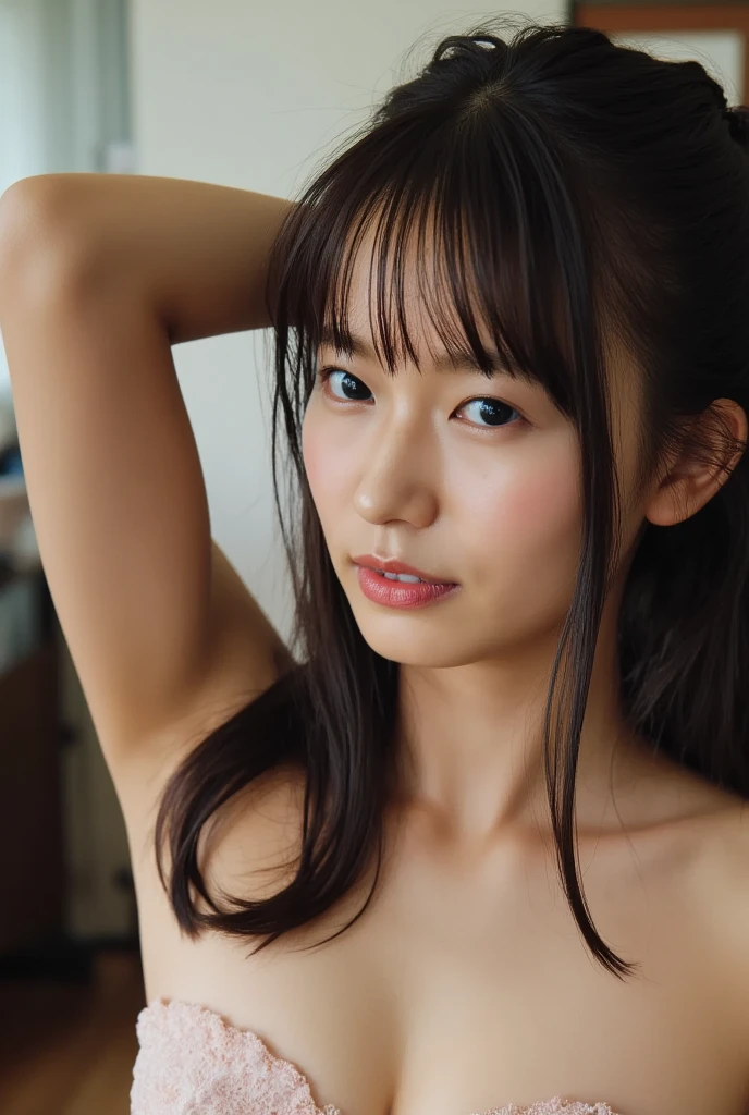 (masterpiece), (Highest quality), (High resolution),Realistic skin texture, Perfect Face, Realistic, Perfect hands, Perfect finger count, Japanese, Girl, (12 years old), Big Eyes, Brown eyes, Brown Hair, bangs, Medium Hair, Small face, Chuckle, , (naked, tits, Pussy), Cute pose, In an abandoned house, Litter