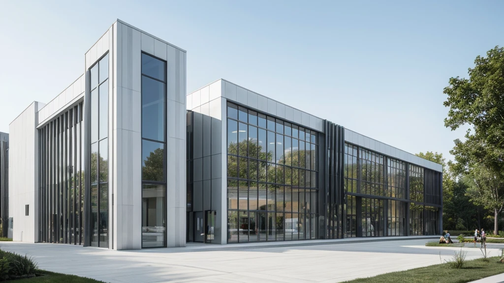 A modern corporate office building , few glass, with raw white concrete exterior walls, minimalist and clean architectural style. The structure is multi-story with wide windows, minimal glass facade, sleek design lines, and a contemporary main entrance. Surrounded by green lawn and clear blue sky, with flags fluttering at the front. A company logo is displayed on the facade. Shot in daylight from a cinematic wide-angle perspective.