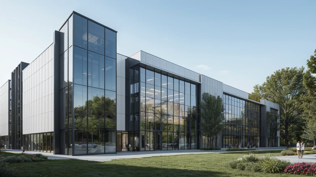 A modern corporate office building , few glass, with raw white concrete exterior walls, minimalist and clean architectural style. The structure is multi-story with wide windows, minimal glass facade, sleek design lines, and a contemporary main entrance. Surrounded by green lawn and clear blue sky, with flags fluttering at the front. A company logo is displayed on the facade. Shot in daylight from a cinematic wide-angle perspective.