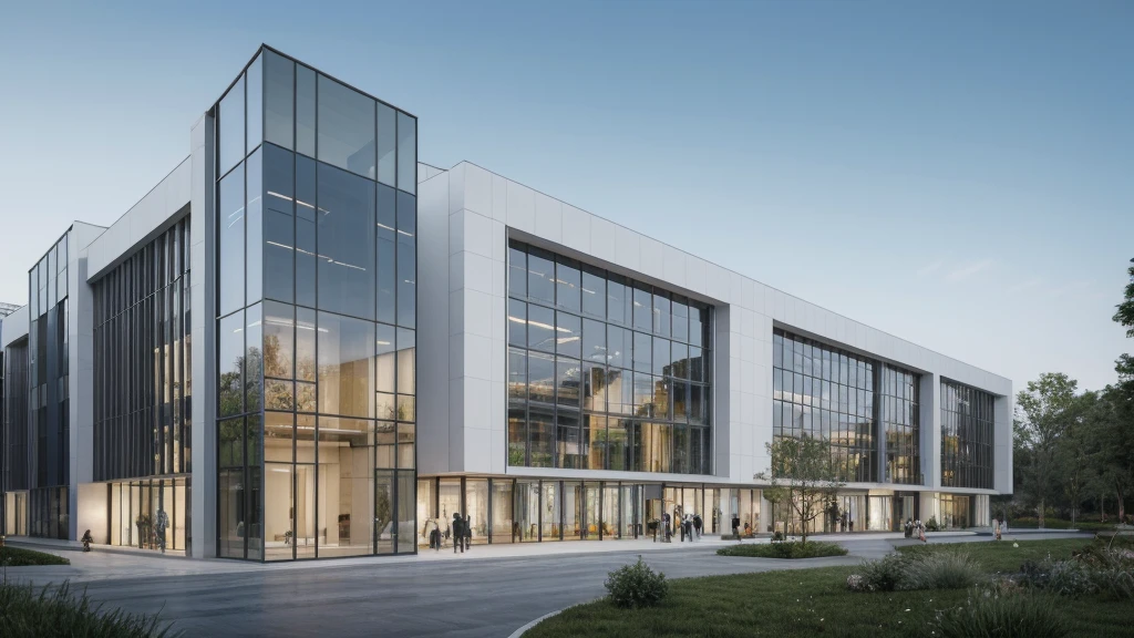 A modern corporate office building , few glass, with raw white concrete exterior walls, minimalist and clean architectural style. The structure is multi-story with wide windows, minimal glass facade, sleek design lines, and a contemporary main entrance. Surrounded by green lawn and clear blue sky, with flags fluttering at the front. A company logo is displayed on the facade. Shot in daylight from a cinematic wide-angle perspective.