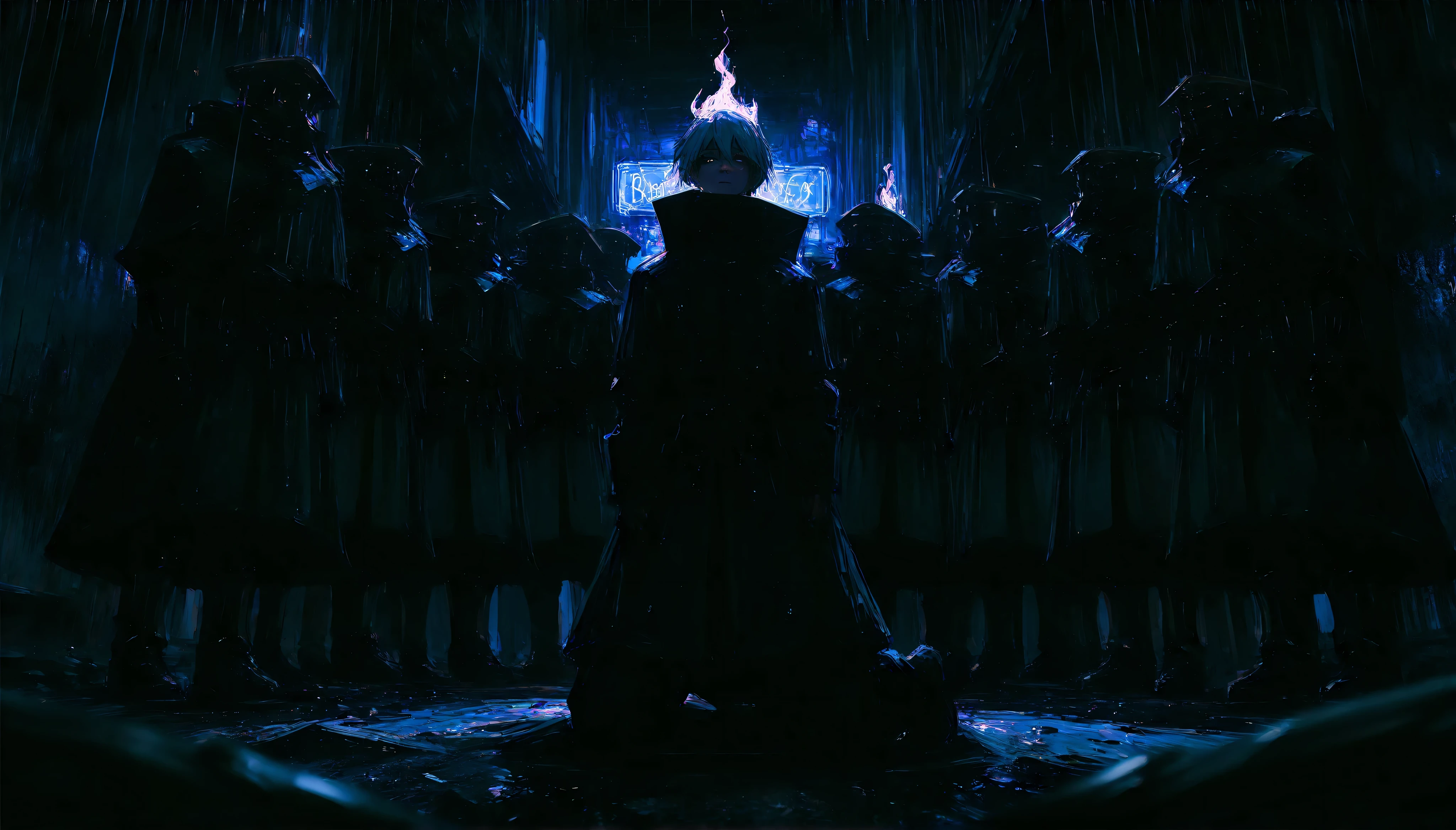 (Jinwoo from Solo Leveling:1.4), in a dystopian futuristic Tokyo alley at night (cyberpunk style:1.3), partially turned with his back facing the viewer and slightly looking over his shoulder, one arm slightly raised upward with shadow energy, surrounded by a fiery dark aura, sinister glowing eyes staring at the viewer,
(armies of shadow specters fully surrounding him:1.4), (dozens of ghostly shadow soldiers, large monstrous beasts and humanoid knights made of smoke and darkness:1.3), glowing purple-blue eyes, kneeling and standing behind and beside him, emerging from walls, ground, and mist, completely encircling him like a throne of darkness,
(heavy rain, wet alley ground:1.2), reflections of neon lights, fire, shadows and Jinwoo’s silhouette on puddles, glowing neon signs flickering in the background, scattered debris, cables, and smoke drifting through the air,
(96yottea:1.2), (kan liu \(666k\):1.1), masterpiece, ultra detail, highres, absurdres, cinematic lighting, film grain, black sclera, glowing blue eyes, glowing embers floating, perspective depth, year 2024,
Film Still, (cinematic wide shot:1.2), (depth of field:1.1), from a low angle behind and slightly to the side, dramatic shadow lighting, glowing rain mist, dark fantasy meets cyberpunk, Jinwoo standing as the shadow monarch,
(style of usnr), dark trench coat with torn edges, flame aura mixed with shadow smoke, cold and powerful aura, rain hitting his face, absolute silence and tension in the air