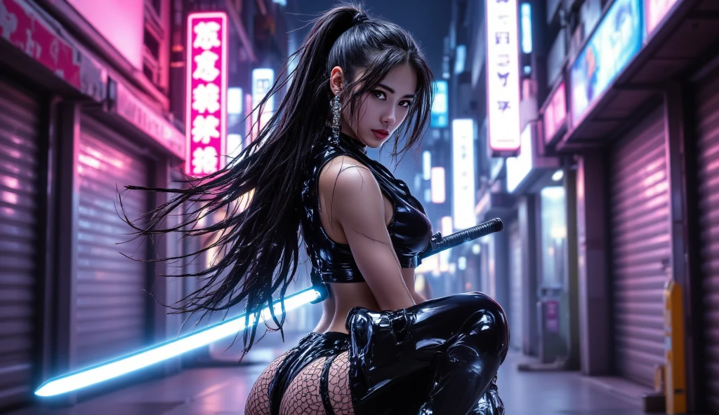 ((best quality)), ((masterpiece)), (detailed), perfect face, beautiful face, great hot asian girl, ((open dog push ups)), matrix movie costumes, stocking, black hair, black red high heel boots, (((In the background there is a cyberpunk city))), bad style, sexy, erotic, ((big bust)), (((hot legs))), (((prostitute style))), (( Latex costumes)), (((((Her clothes are very torn in several places))))), (((detailed face))), (((hot ass))), ((corset)), (((whole body))), (((hot legs))), (((Black Mask))), ((hip pose)), (she looks back), (((detailed eyes))), perfect body, The best anatomy