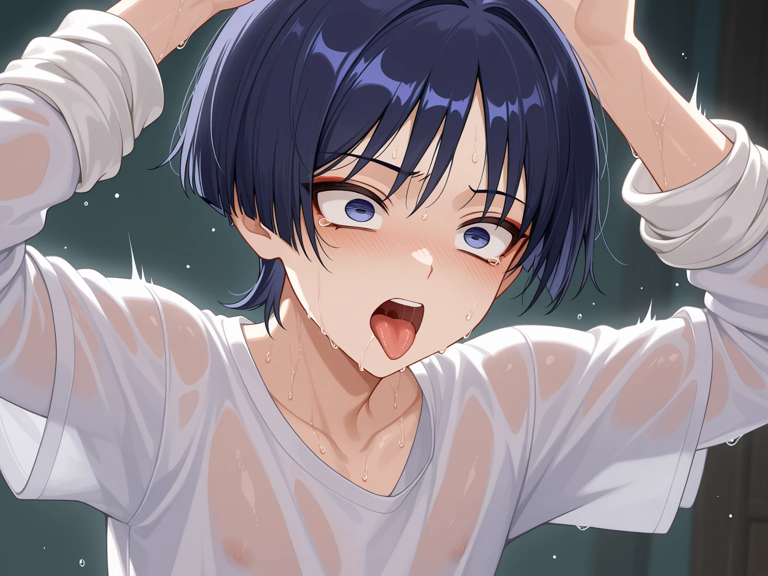 (highest quality:1.2),shindo_l,(perfect beautiful face:1.2),at public messy Restroom,(upper body:1.3),(the naked young boy lean in the urinal:1.4),((flat chest:1.6)), (Slave collar,embarrassed and blush,disappointed:1.5,closed eyes:1.2,tears), (Patience),show teeth,shyness:1.1, Sweaty, sunburned skin,  steaming body,ultra-detailed,very short black men's messy hair,cum on hair,facials,Bukkake,golden pee on hair,Golden pee on body,face to viewer,black hair,,(penis awe:1.5)

