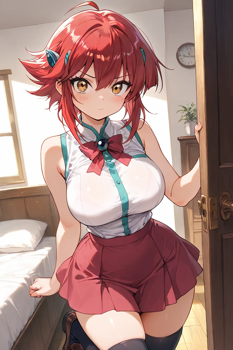 Cute girl, naughty smile, red hair, yellow eyes, light blue T-shirt, panties, big breasts, ribbon, ribbon, bow, 🎀
