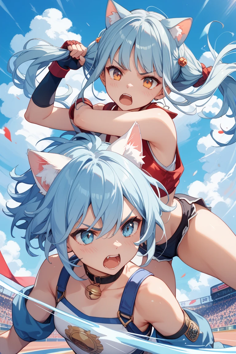 1girl, Orange hair, aqua eyes, catgirl, futa, six breasts