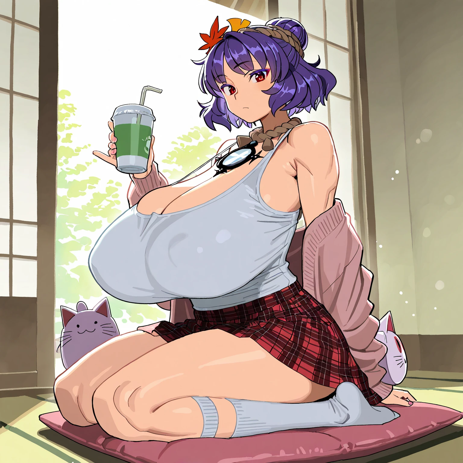 Fraction_9,Fraction_8_direction_7_direction_6_direction_5_direction_4_up,Green short hair,Green Eyes,Tie a bow at the back of your head,Purple and sailor collar,Striped sailor suit,Blue pleated skirt,White socks,leather shoes,Bean eyebrows,Wide hips,Thick thighs,Huge breasts,Huge ass,There is a bow at the back of the hair,Hair between the eyes,Sexy,Cute girl,Green Hair,permanent,Positive face,Drinking milk