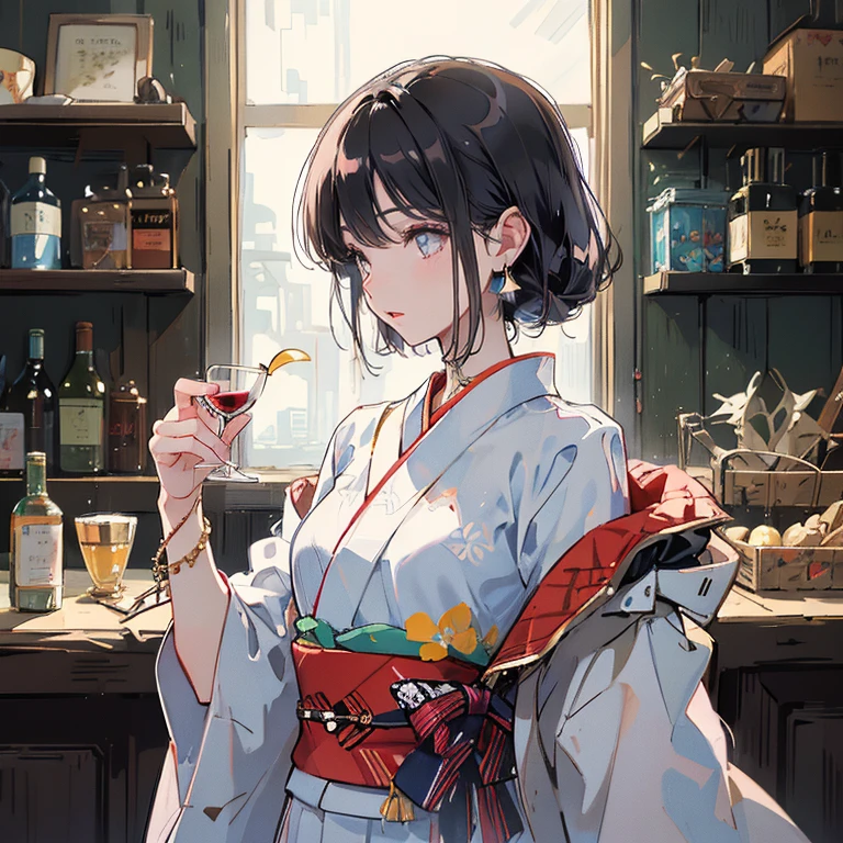 (1girl:1.3), Masterpiece, Best quality, amazing beauty, [[3D]], 4K, absurdres, finely detail, super detailed eye, perfect anatomy, official art, cinematic lighting, BREAK, cafe, silky long hair, red hair, super shiny detailed black eye, big eyes, cute eyes, thin eyebrow, （retreating figure）, she's hiding her face. close-mouth, thin lips, BREAK , usually, tall, medium, fair skin, detailed skin, Are standing, profile, from front, Bright Lighting, BREAK , (kimono:1.2), She's sitting in a chair reading a book.
