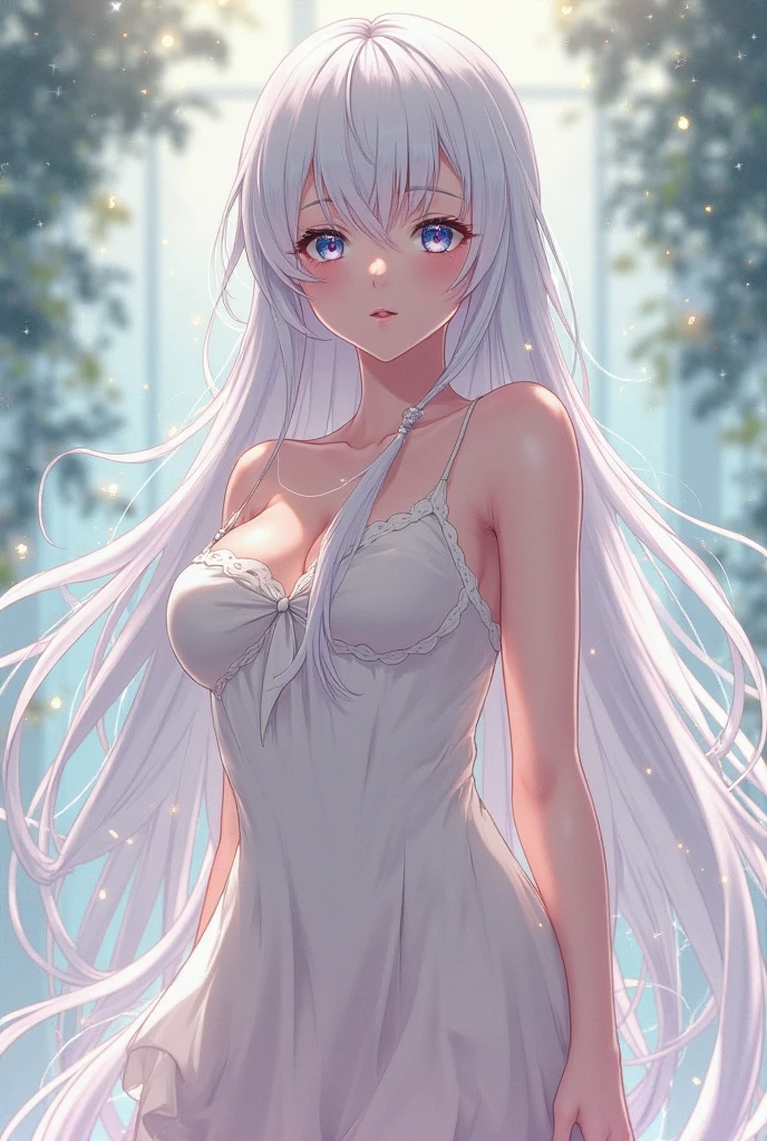 (best quality, ultra-detailed, photorealistic: 1.39), bright and vibrant colors, studio lighting, romantic expression, An effeminate Wolf-Girl, with a delicate and beautiful face. She is a girl who reflects seductive beauty, sparkling blue eyes, extremely beautiful Wolf-Girl, perfect lips in a soft smile , Wolf-Girl, fuzzy, snow-white hair, fuzzy hair,She has beautiful small breasts, beautiful white dress, dress with straps, ruffles on the dress, voluminous fabric, in the garden at home, garden, anime style, anime girl, Anime