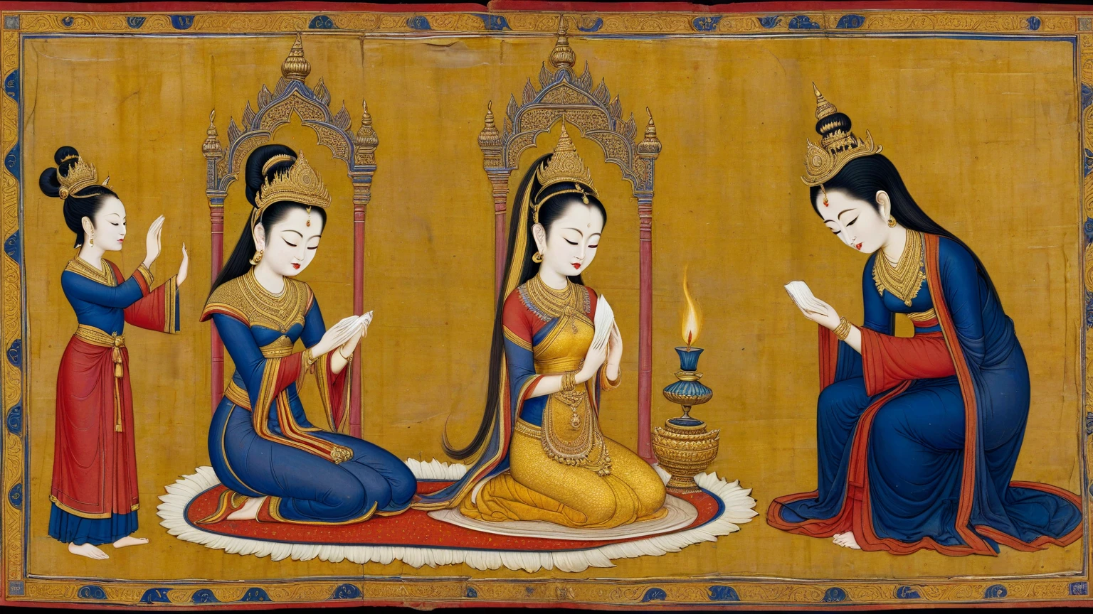 a drawing of a group of people sitting on a bed, by Max Dauthendey, by Sunil Das, (inktober), traditional drawing style, godesses, triad of muses, ink sketch, art sketches, a pencil sketch, old sketch, official fanart, inspired by Sunil Das, goddess checking her phone, on old paper, inspired by Raja Ravi Varma