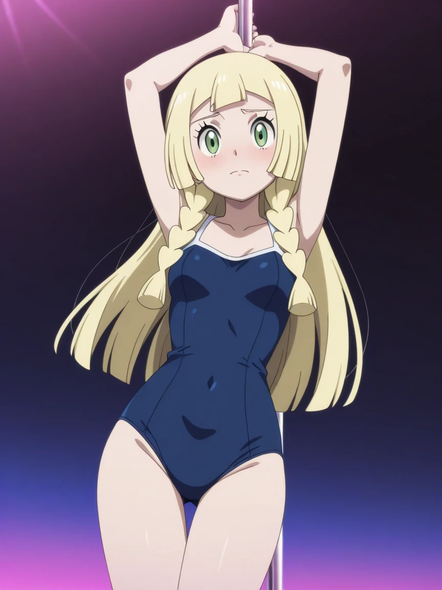 best quality, oriana rose, long hair, blonde hair, yellow eyes, drill hair, bangs, blunt bangs,school swimsuit,clavage,large breast