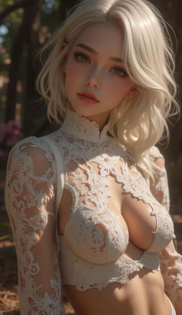 portrait of a 75-year-old woman with a bunch of grey hair on top of the head, grey eyes, a lot of wrinkles on her face, detailed wrinkles (8K, high resolution、The ultra -The high-definition、An ultra-high picture quality、Ultrarealistic、Best Quality)(small chest) clearly visible pubic shape, proper eye position, soft light, hips, detailed color graded background, intricate, highly detail, octane render, HD, 8k, an expensive country cottage, a huge house, a lawn, a large area around, bushes, a garden, evening meeting, business clothes with a pronounced neckline, tight clothes, small breasts, translucent dress, clear background, detailed background, ray traycing, soft shadows, SFW:1.6, showing full body, full body, transparent suit,