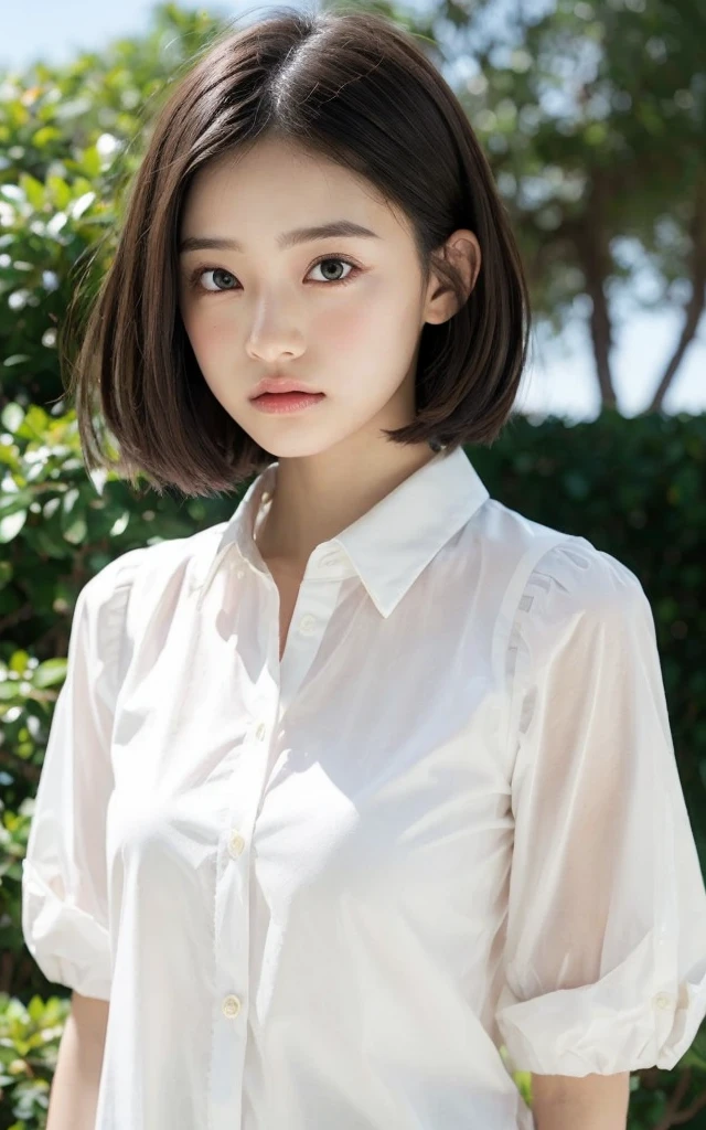 (1 woman:1.99)、(Wide forehead、Very short hair、Very small amount of hair、Forehead、Fuji frame:1.1)、Sunburn、17 years old、Naughty、Happy expression、満面のsmile、Weakness、I feel very comfortable alone、(School Shirt),((Very sleepy、Improves skin texture,smile、Narrow eyes、Very weak eyesight、Very weak eyeliner、Half-closed eyes、I know the shape of your head、Oval Face))、(slicked back hair:1.25)、Photographic, Raw photo, Mastepiece, Highly detailed photos, Digital SLR, Photo-realistic 1.4, Super hello nothing, Best Quality,(standing、tilting your head、whole body:1.7)