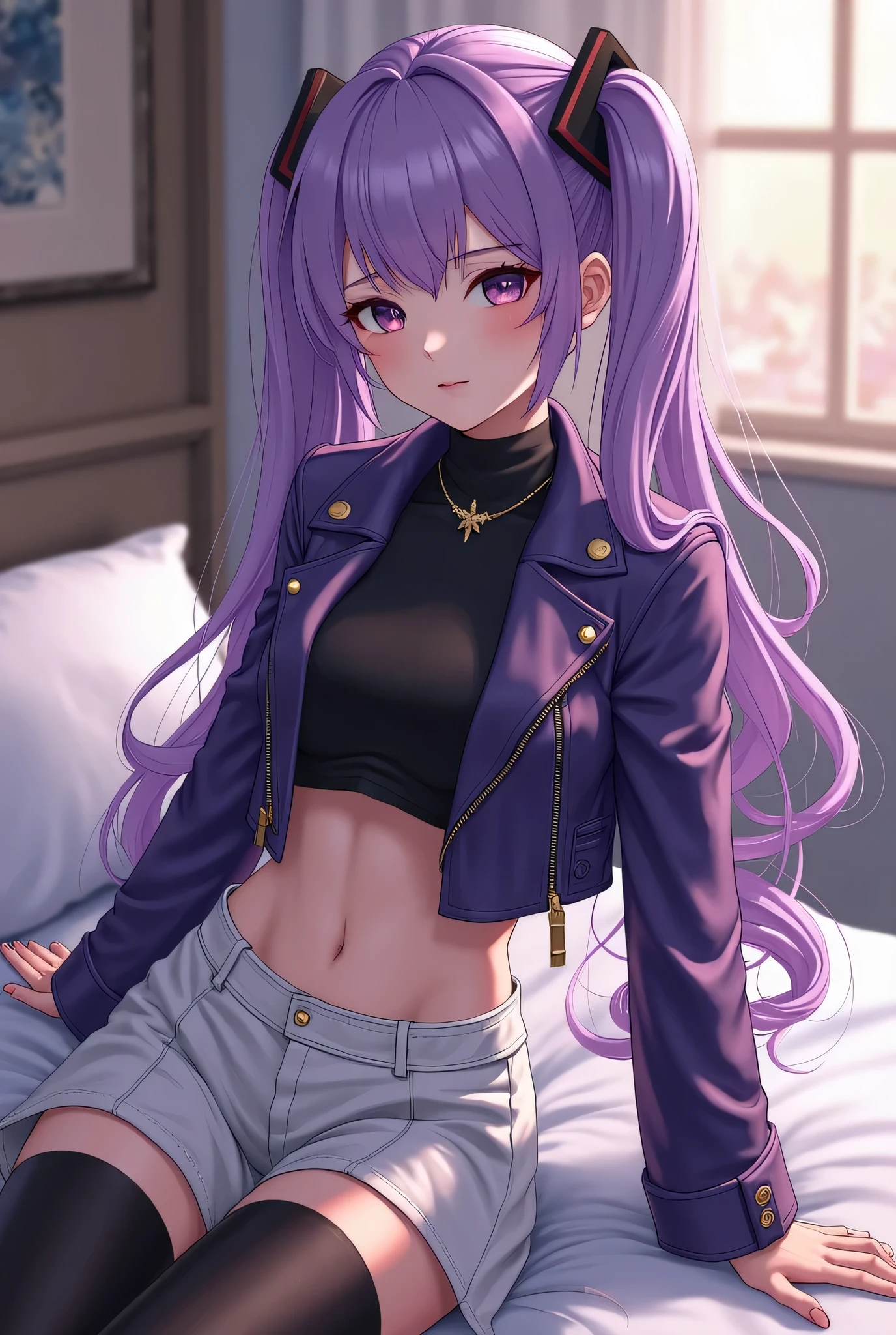 (8K, RAWphotograph, highest quality, masterpiece:1.2), High resolution, Super detailed, intricate details, disorganized, masterpiece, break , beautiful detailed woman, beautifully detailed mouth, highly detailed eyes and face, beautiful and fine eyes, Girl lying on bed, 20-year-old girl, 1girl, solo, black tiara, black crown, white hair, short hair, messy hair, purple eyes, eyeshadow, black hoodie, black sweater, midriff, navel, hoodie down, black shorts, belt bow tie, purple belt bow tie, purple nails, keys, Tounge out, PersephoneFN, fortnite character, matel rib cage sweater, 1boy, pov, missionary, pov chest, leg split, pov making out on the girl,