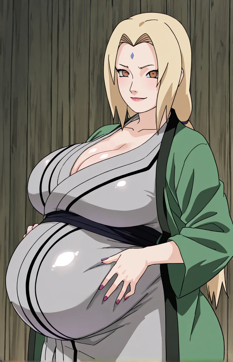 Madura tsunade senju,big breasts,slim legs,narrow hips,(pregnant),illustration,extraordinary details,lush green garden,pool of water,birds flying,hint of sunlight,highres,realistic,portraits,warm color tone,soft lighting