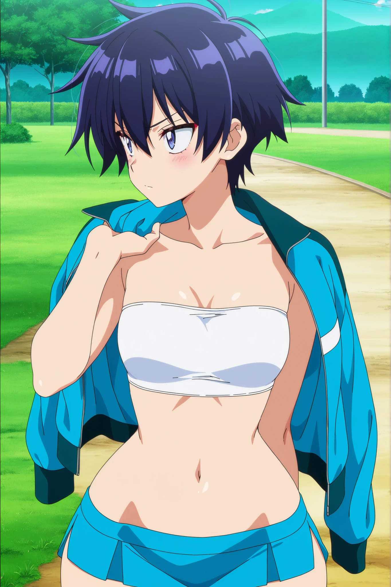 score_9, score_8_up, score_7_up, score_6_up, score_5_up, score_4_up, BREAK, source_anime, anime screencap, anime coloring, 1girl, solo, perfect anatomy, Fuwa Kokone, blue hair, medium hair, green eyes, lite smile, looking at viewer, navel, (skintight, very tight gym uniform, short sleeves, white shirt, shirt-in, under sized micro blue buruma, zettai ryouiki white thighhighs), sagging huge_breasts, tarechichi, erect nipples, thigh gap, indoor, double v, standing, (unshaven hairy natural public hair:1.3)