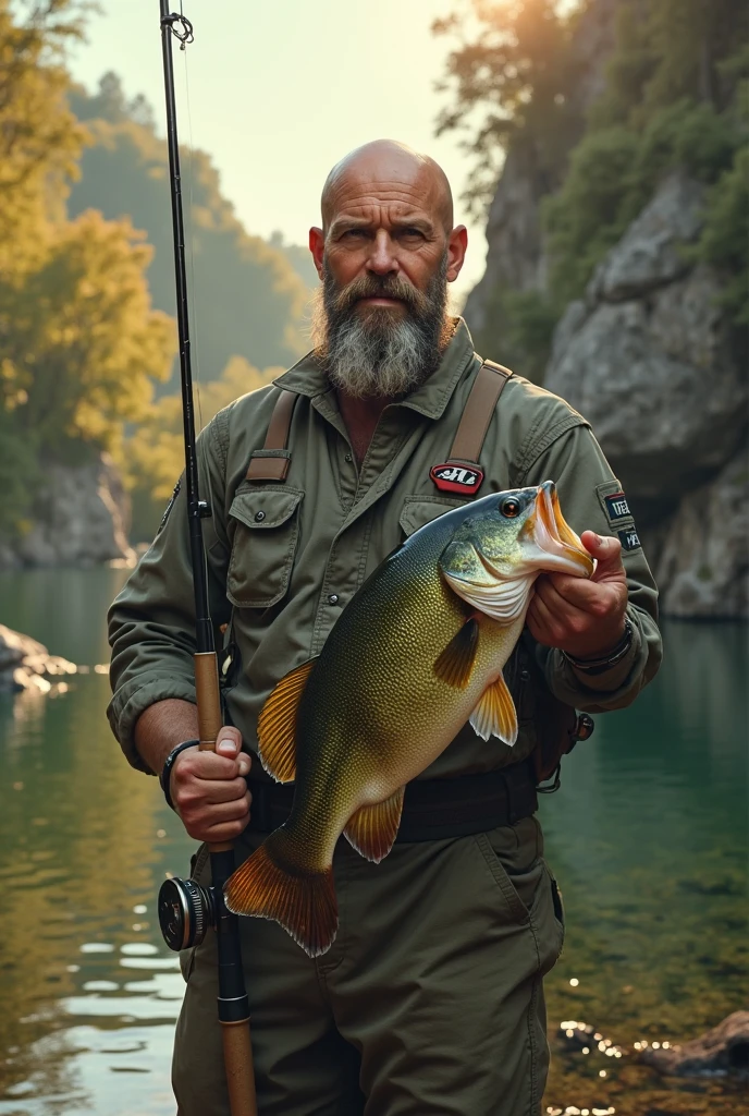 Slightly built man, Breasts without clothes, in coats, fishing on the shore of the lake, he is very happy, caught a huge fish
