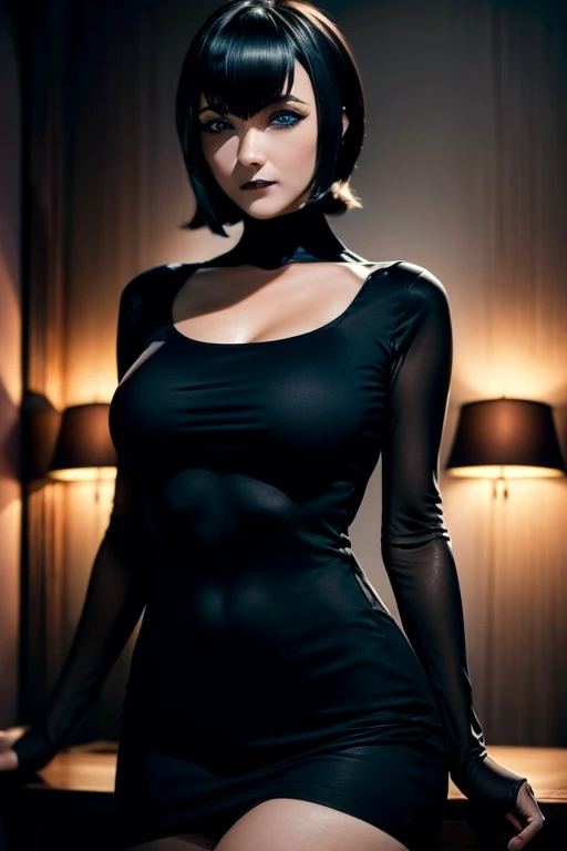 Una chica hermosa que viste sensual vestido ajustado con escote y grandes tetas, high resolution 12k blue eyes short hair and bob style voluminous lips fine detailed nose perfect slim body gothic makeup, piel palida , meeting room with high quality lighting, fiesta 