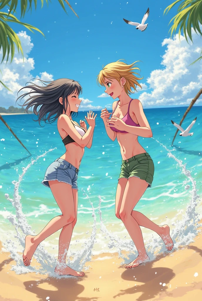 2 anime girls on a beach in front of each other holding out there arms to compare there tans
