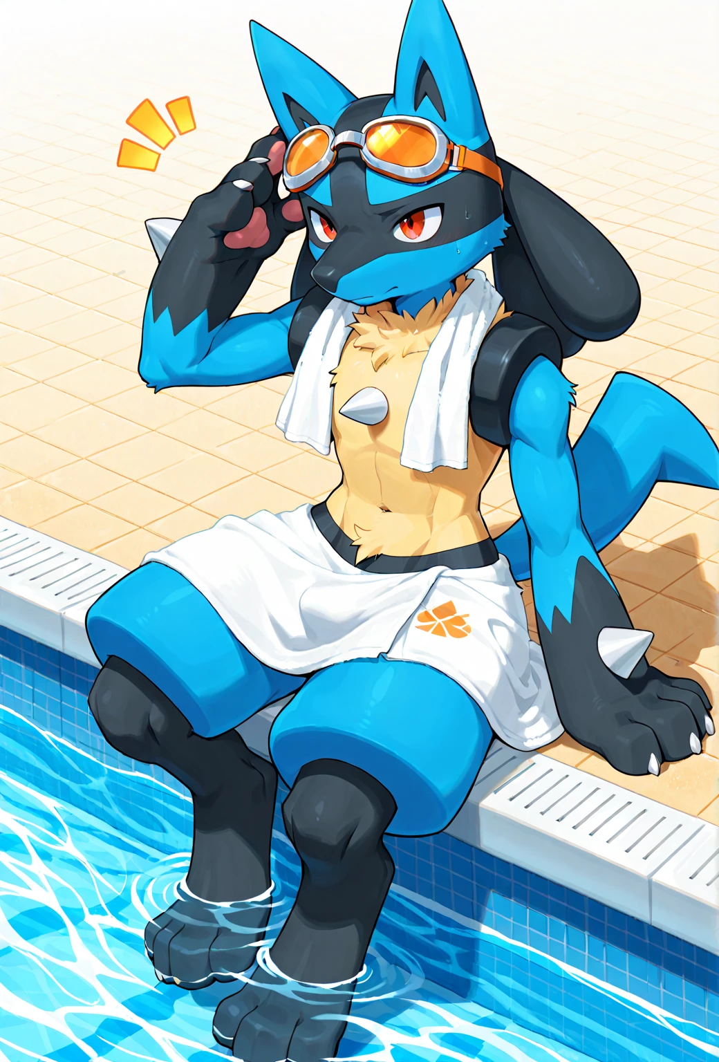 ((highest quality)), (((Lucario))) ((Pokemon)) ((original)) (((White one piece swimsuit(For women)))) (Sweating profusely )(Steaming) ((bed)) Glossy Tears Details (Short) (Groin bulge) Pitchy Male (股間のSteaming) Original Solo Perfect body Bulge Pushed down