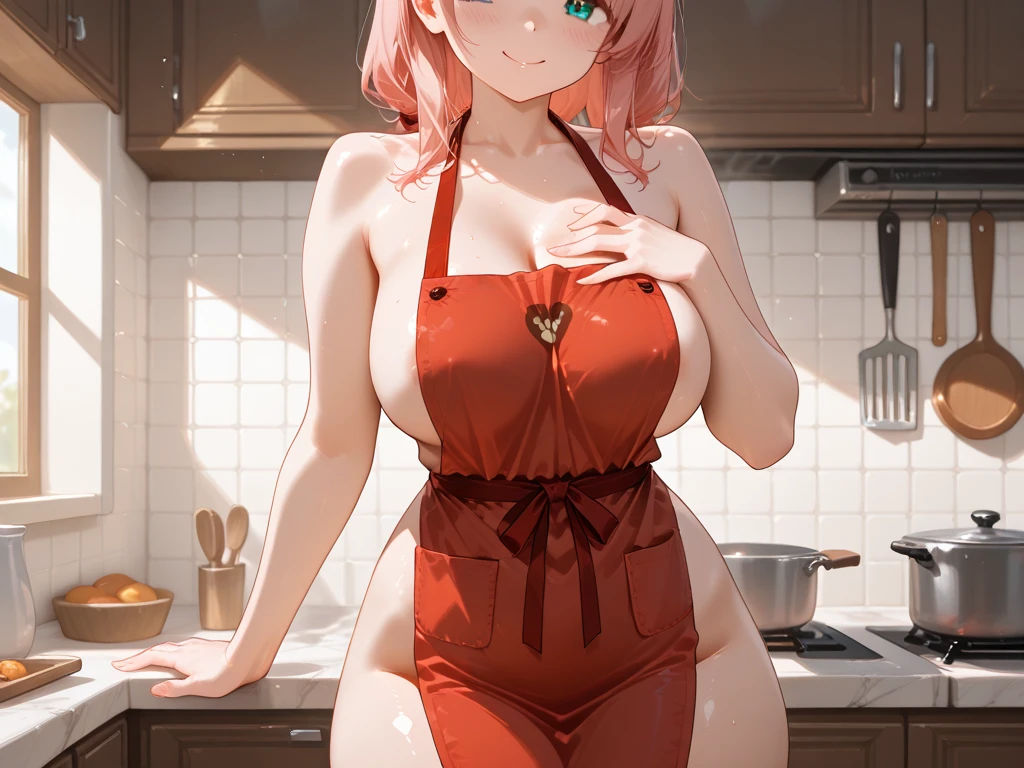 Beautiful female, pink hair, messy hair, side ponytail, light freckles, purple eyes, large breasts, (cleavage:1.5), (sideboob:1.3), model pose, (light grey underwear:1.5) triangle bra, (triangle underwear,:1.3) good lighting, kitchen, sportswear, perfect breasts, firm breasts, perky breasts, light smile, parted lips, mascara, eyeshadow, perfect lips, soft skin, beautiful alluring anime teen, ecchi, hanging cleavage, spaghetti straps, strapgap