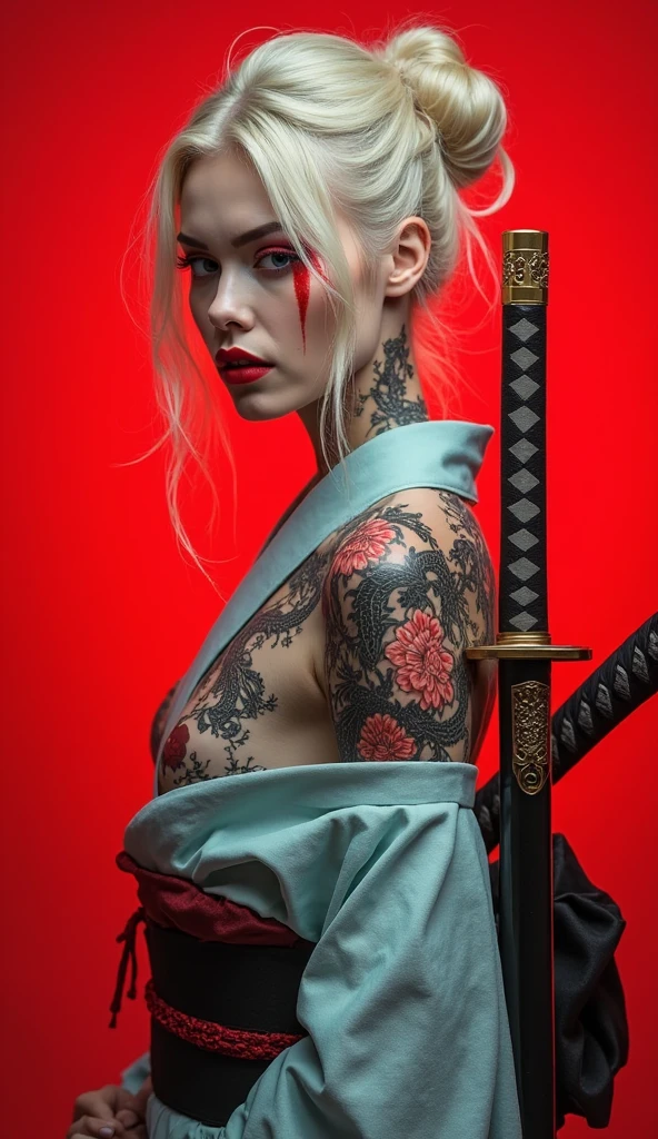 Woman. Samurai. background red. white hair. tattooed. Eyes red . Grinning