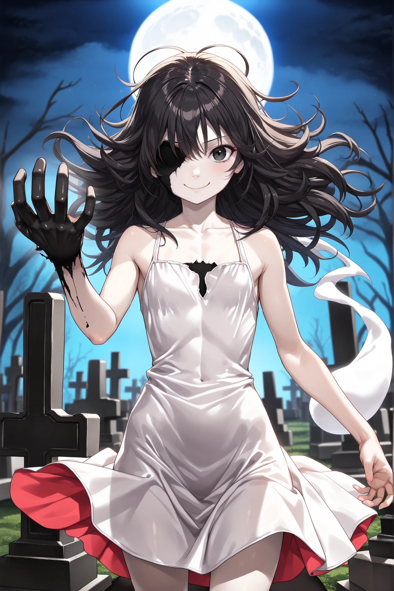 a high-quality digital drawing, clean and sharp details, anatomically correct, ((vibrant colors)), ((1girl)), ((cinematic lighting)), (masterpiece), (8k quality), (top rated on pixiv), sfw, (closed mouth)
break,
((short round face)), ((lifeless black eyes)), naturally curved eyelashes, small and subtly defined nose, ((slim build)), ((pale skin)),
break,
((long messy black hair)), (((shadow over face))),
break,
((outfit: white sleeveless ghost dress)), ((chest 21 inches)), ((waist 18 inches)), ((hips 20 inches)),
break,
((sadistic smile)), ((horror atmosphere)), ((looking at viewer)), ((dynamic pose)), (((extending right hand to viewer))), ((detailed graveyard in the background)), (depth of field), ((nighttime)), ((moonlight))
