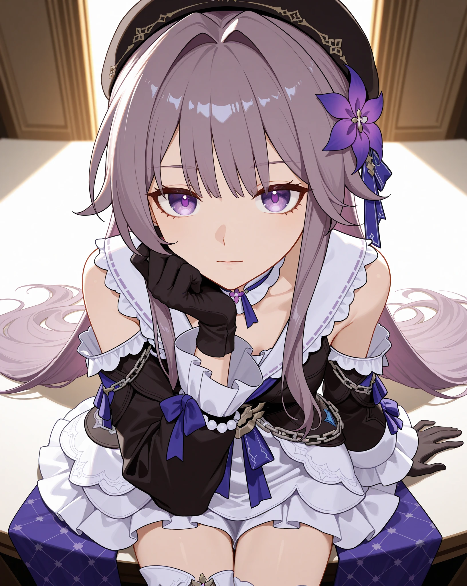 (((4k, masterpiece, top-quality))) ,8k, best quality, high resolution, HD, unity 8k wallpaper, (((illustration))), (((beautiful purple detailed eyes:1.6))), extremely detailed face, perfect lighting, extremely detailed CG, (perfect hands, perfect anatomy), lynette, animal ear fluff, animal ears, cat ears, hair bow, (purple eyes:1.1), brown hair, (((single star on left cheek))), bow, green bow, hat, leotard, long sleeves, miniskirt, pantyhose, skirt, top hat,