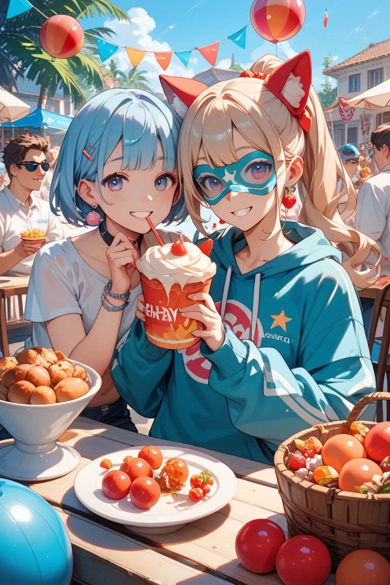 Tabletop, Highest quality, shape, Very detailed, In detail, High resolution, 8k wallpaper, Perfect dynamic composition, Beautiful attention to detail, ,Medium Hair、Natural color lips, Bold sexy pose,((One blue-haired 20-year-old girl))、Small underwear、Big Breasts、Big Ass、Inside a fast food restaurant、I&#39;m drinking juice、smile、cute、sexy shot looking at camera、