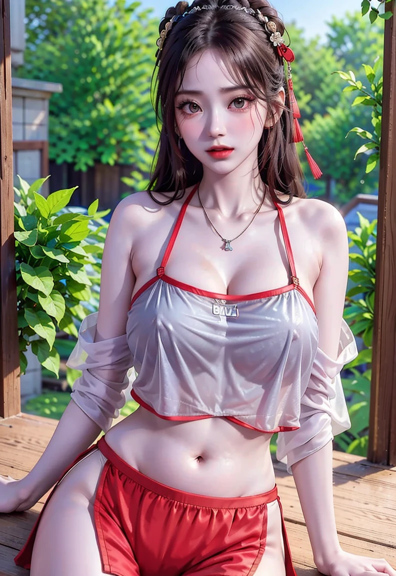 photorealistic, dynamic pose, low angle, ultra high details, 1girl, delicate face, innocent, pale skin, short messy hair, (wooden prayer beads necklace, dirty rugged white kimono, huge rope belt), ((rugged red linen short shorts with open sides):1.2), (small waist):1.2, ((wide thigh gap):1.2, (wide thighs):1.2), masterpiece